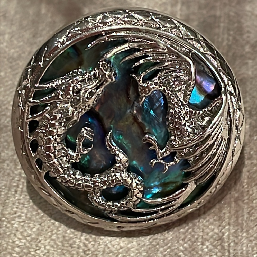 Dragon & Phoenix Bird 925 Sterling Silver Abalone Ring Size 8 NWOTS